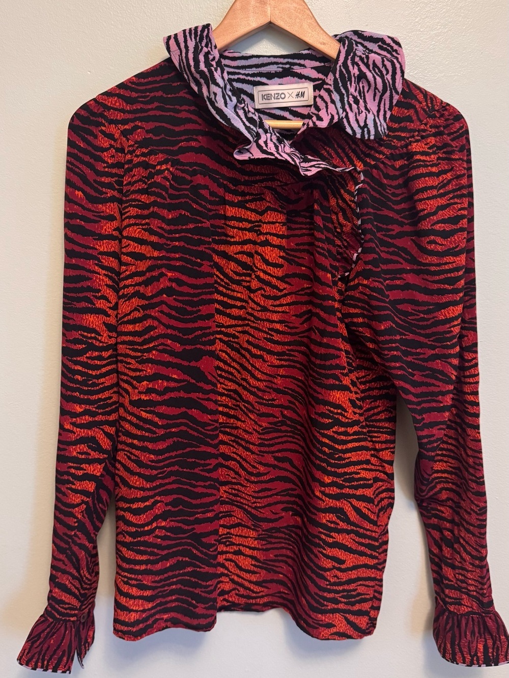 Kenzo Red & Black Tiger-Print Long Sleeve Blouse with Pink Zebra Collar